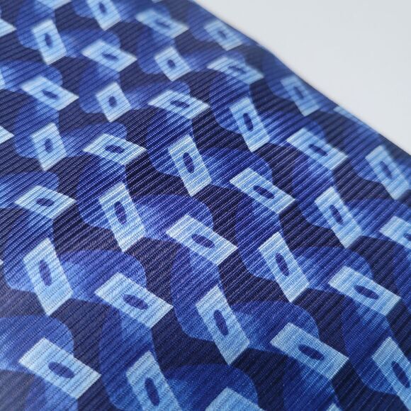 Bijoux Terner genuine silk tie blue geometric wave pattern 60in long 4in wide - Picture 7 of 8
